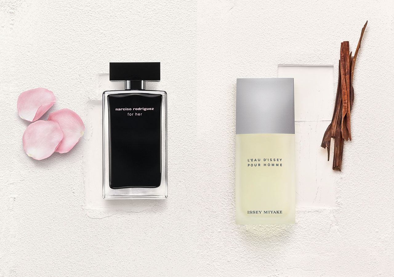 flacons de parfums Narcisso Rodriguez et Issey Miyake